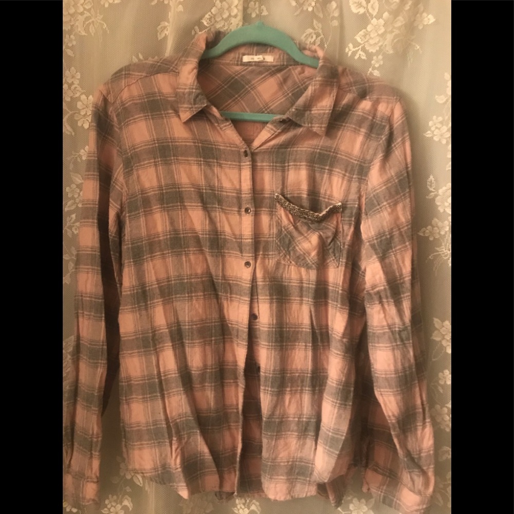 Maurices Pink and Gray Plaid Button-Down Shirt